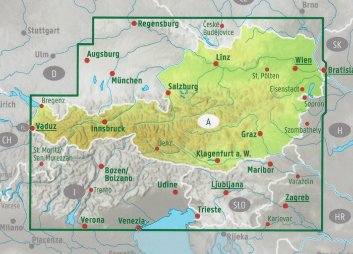 immagine di mappa stradale mappa stradale Austria / Österreich, Slovenia e Italia Nord-Est (con Bolzano, Trento, Udine, Trieste, Venezia) - con Vienna, St. Pölten, Linz/Lienz, Salisburgo (Salzburg), Innsbruck, Bregenz, Klagenfurt, Graz, Eisenstadt, Wels, Villaco (Villach) - con percorsi panoramici, parchi e riserve naturali - edizione Settembre 2022