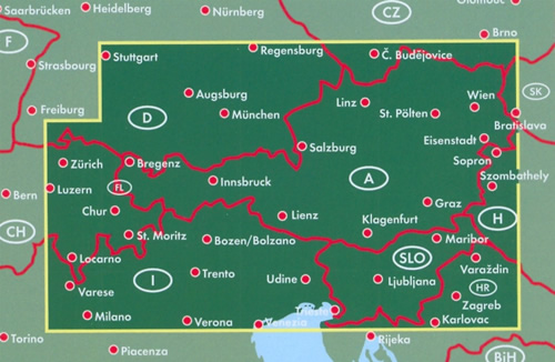 immagine di mappa stradale mappa stradale Austria / Österreich, Slovenia, Monaco e la Baviera, Italia Nord-Est (con Milano, Bolzano, Trento, Udine, Trieste, Venezia), Svizzera Est (con Zurigo, Chur, St. Moritz) - con Vienna, St. Pölten, Linz/Lienz, Salisburgo (Salzburg), Innsbruck, Bregenz, Klagenfurt, Graz, Eisenstadt, Wels, Villaco (Villach) - edizione 2015