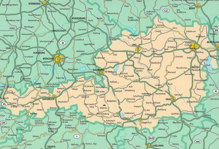 immagine di mappa stradale mappa stradale Austria / Österreich - con Vienna, St. Pölten, Linz/Lienz, Salisburgo (Salzburg), Innsbruck, Bregenz, Klagenfurt, Graz, Eisenstadt, Wels, Villaco (Villach) - con percorsi panoramici, parchi e riserve naturali - EDIZIONE Luglio 2023