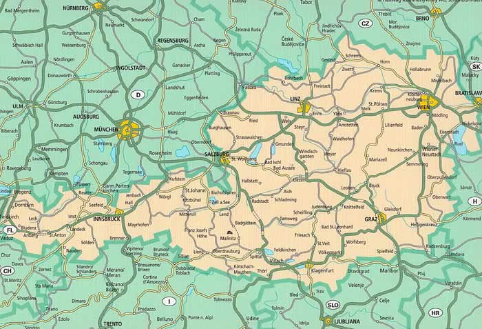 immagine di mappa stradale mappa stradale Austria / Österreich - con Vienna, St. Pölten, Linz/Lienz, Salisburgo (Salzburg), Innsbruck, Bregenz, Klagenfurt, Graz, Eisenstadt, Wels, Villaco (Villach) - con percorsi panoramici, parchi e riserve naturali - EDIZIONE 2025