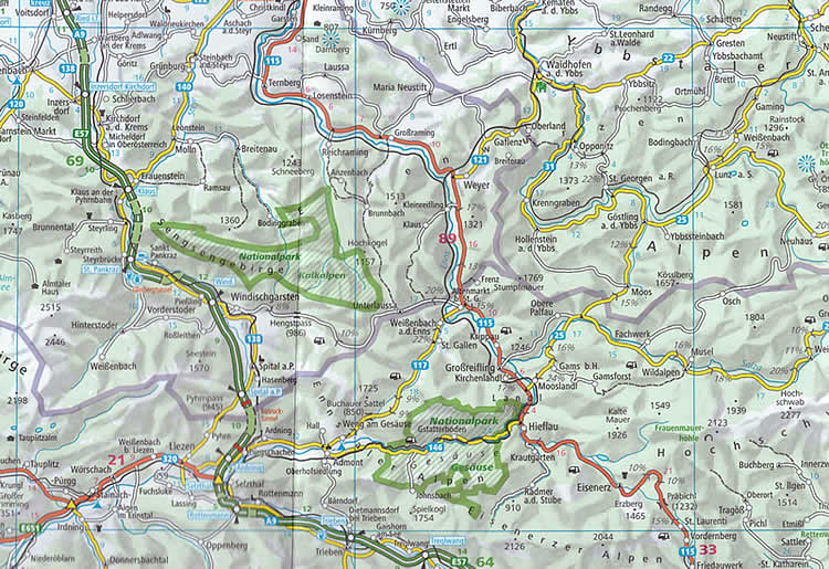 immagine di mappa stradale mappa stradale Austria / Österreich - con Vienna, St. Pölten, Linz/Lienz, Salisburgo (Salzburg), Innsbruck, Bregenz, Klagenfurt, Graz, Eisenstadt, Wels, Villaco (Villach) - con percorsi panoramici, parchi e riserve naturali - EDIZIONE Luglio 2023