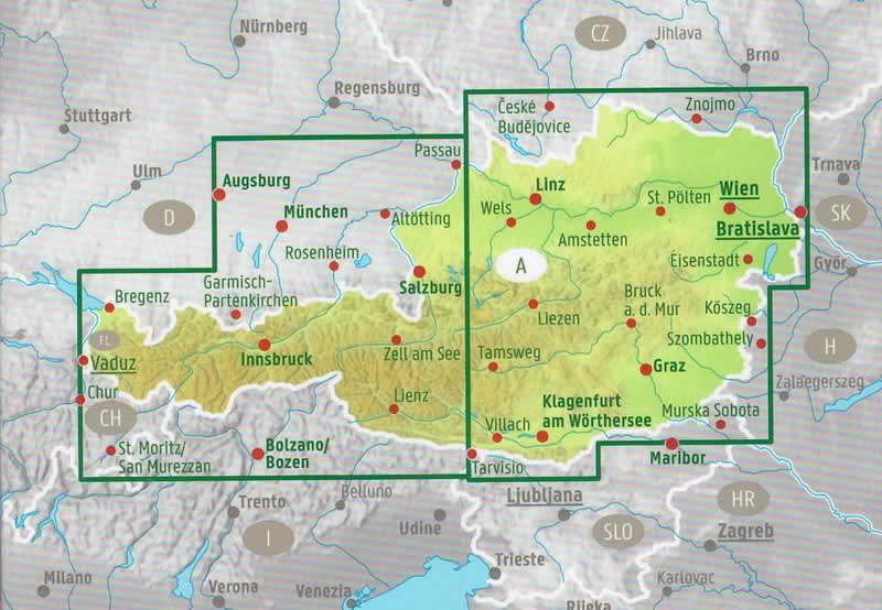 immagine di mappa stradale mappa stradale Austria / Österreich - con Vienna, Salisburgo (Salzburg), Innsbruck, St. Pölten, Linz/Lienz, Klagenfurt, Graz, Eisenstadt - con percorsi panoramici, parchi e riserve naturali - edizione 2025