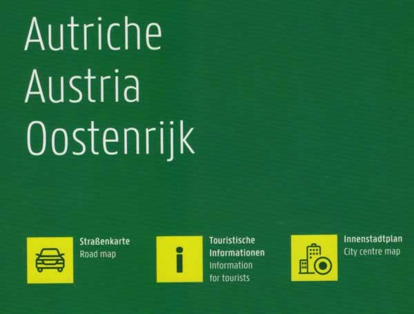 immagine di mappa stradale mappa stradale Austria / Österreich - con Vienna, Salisburgo (Salzburg), Innsbruck, St. Pölten, Linz/Lienz, Klagenfurt, Graz, Eisenstadt - con percorsi panoramici, parchi e riserve naturali - edizione 2025