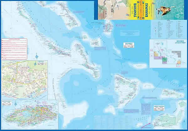 immagine di mappa stradale mappa stradale Bahamas - Nassau, Freeport, West End, Coopers Town, Grand Bahama, Grand Cay, Abaco, Andros, Berry Islands, Bimini, Eleuthera, Inagua, Long Island, Rum Cay, Russel, New Providence - mappa plastificata, con spiagge, luoghi panoramici per immersioni e surf - nuova edizione