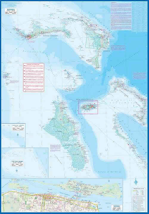 immagine di mappa stradale mappa stradale Bahamas - Nassau, Freeport, West End, Coopers Town, Grand Bahama, Grand Cay, Abaco, Andros, Berry Islands, Bimini, Eleuthera, Inagua, Long Island, Rum Cay, Russel, New Providence - mappa plastificata, con spiagge, luoghi panoramici per immersioni e surf - nuova edizione