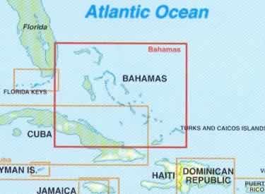 immagine di mappa stradale mappa stradale Bahamas - Nassau, Freeport, West End, Coopers Town, Grand Bahama, Grand Cay, Abaco, Andros, Berry Islands, Bimini, Eleuthera, Inagua, Long Island, Rum Cay, Russel, New Providence - mappa plastificata, con spiagge, luoghi panoramici per immersioni e surf