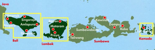 immagine di mappa stradale mappa stradale Bali, Lombok, Komodo - Negara, Gilimanuk, Singaraja, Amlapura, Denpasar, Bayan, Mataram, Praya, Loh Liang - con spiagge, luoghi panoramici, parchi e riserve naturali