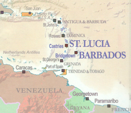 immagine di mappa topografica mappa topografica Barbados, Saint Lucia - con Bridgetown, Castries, Mount Hillaby, Holetown, The Crane, Bathsheba, Speightstown - mappa escursionistica, con spiagge, luoghi panoramici, parchi e riserve naturali - nuova edizione