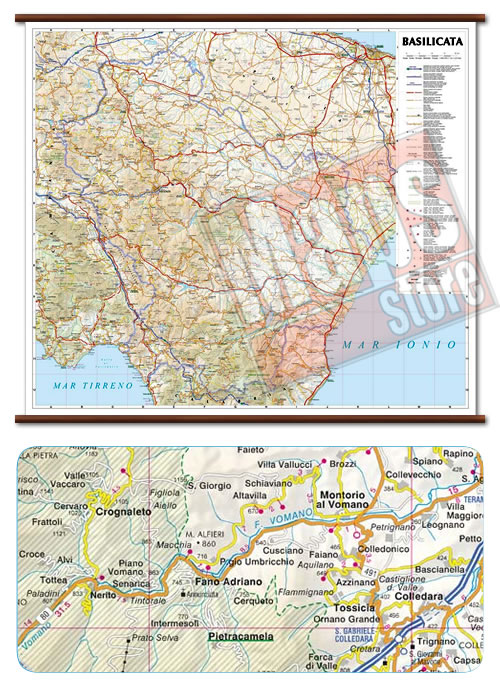 immagine di mappa murale mappa murale Basilicata - mappa murale con cartografia dettagliata ed aggiornata - plastificata, con eleganti aste in legno - 72 x 63 cm - nuova edizione