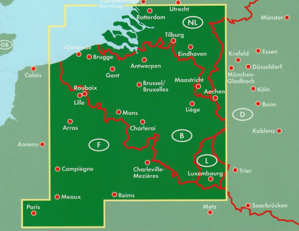 immagine di mappa stradale mappa stradale Belgio, Lussemburgo - mappa stradale - con Bruxelles, Gent, Brugge, Antwerpen, Liege, Charleroi, Mons, Luxembourg - edizione 2023