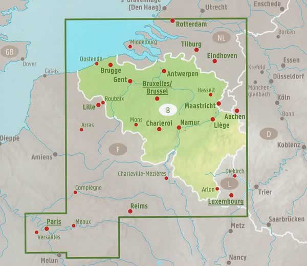 immagine di mappa stradale mappa stradale Belgio - mappa stradale - con Bruxelles, Gent, Brugge, Antwerpen, Maastricht, Liege, Charleroi, Aachen - edizione 2025
