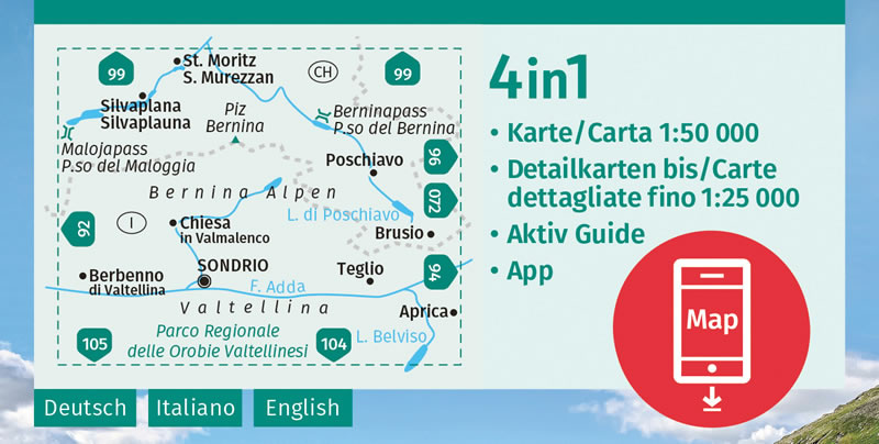 immagine di mappa topografica mappa topografica Bernina, Valmalenco, Sondrio, St. Moritz, Valtellina, Silvaplana, Poschiavo, Brusio, Teglio, Parco delle Orobie Valtellinesi - mappa Kompass n.93 - mappa escursionistica, plastificata, compatibile con GPS - EDIZIONE Novembre 2023