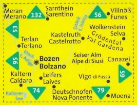 immagine di mappa topografica mappa topografica n.54 - Bolzano/Bozen, Caldaro, Vigo di Fassa, Alpe di Siusi, Terlano, Castelrotto, Canazei, Val Gardena, Selva, Funes, Sarentino, Merano, Moena - mappa plastificata, compatibile con GPS + mappa panoramica - nuova edizione