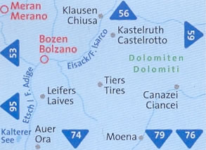 immagine di mappa topografica mappa topografica n.54 - Bolzano / Bozen, Merano, Klausen/Chiusa, Castelrotto, Tires/Tiers, Ciancei/Canazei, Moena, Auer/Ora, Laives/Leifers - compatibile con GPS + mappa panoramica - nuova edizione