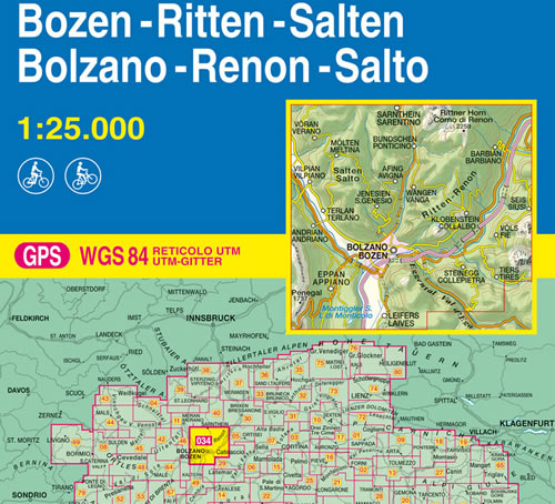 immagine di mappa topografica mappa topografica n.034 - Bolzano, Renon, Salto / Bozen, Ritten, Salten - con reticolo UTM compatibile con sistemi GPS - nuova edizione