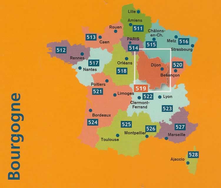 immagine di mappa stradale regionale mappa stradale regionale n. 519 - Borgogna / Bourgogne / Burgundy - con Dijon / Digione, Côte-d'Or, Beaune, Montbard, Chalon-sur-Saône, Louhans, Mâcon, Charolles, Autun, Château-Chinon, Nevers, Cosne-Cours-sur-Loire, Clamecy, Avallon, Auxerre, Sens - mappa stradale con stazioni di servizio e autovelox - nuova edizione