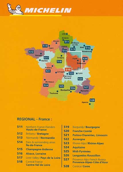 immagine di mappa stradale regionale mappa stradale regionale Borgogna / Bourgogne / Burgundy - con Dijon / Digione, Côte-d'Or, Beaune, Montbard, Chalon-sur-Saône, Louhans, Mâcon, Charolles, Autun, Château-Chinon, Nevers, Cosne-Cours-sur-Loire, Clamecy, Avallon, Auxerre, Sens - mappa stradale Michelin n. 519 - con stazioni di servizio e autovelox