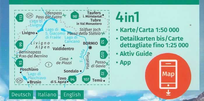 immagine di mappa topografica mappa topografica Bormio, Livigno, Alta Valtellina - con Poschiavo, Tovo di S. Agata, Sondalo, Temu, Valdidentro, Cima de Piazzi, Passo dello Stelvio, Munster, Lago di Cancano, Lago di San Giacomo - Kompass n.96 - mappa plastificata compatibile con GPS