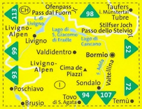 immagine di mappa topografica mappa topografica n.96 - Bormio, Livigno, Alta Valtellina, Poschiavo, Tovo di S. Agata, Sondalo, Temu, Valdidentro, Cima de Piazzi, Passo dello Stelvio, Munster, Lago di Cancano, Lago di San Giacomo - compatibile con GPS - mappa plastificata