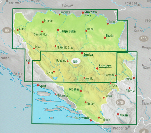 immagine di mappa stradale mappa stradale Bosnia ed Erzegovina / Bosnia-Herzegovina - con Saraievo, Banja Luka, Tuzla, Mostar, Zenica, Travnik, Bihać, Srebenica, Doboj, Bijeljina, Živinice - mappa stradale - edizione 2023