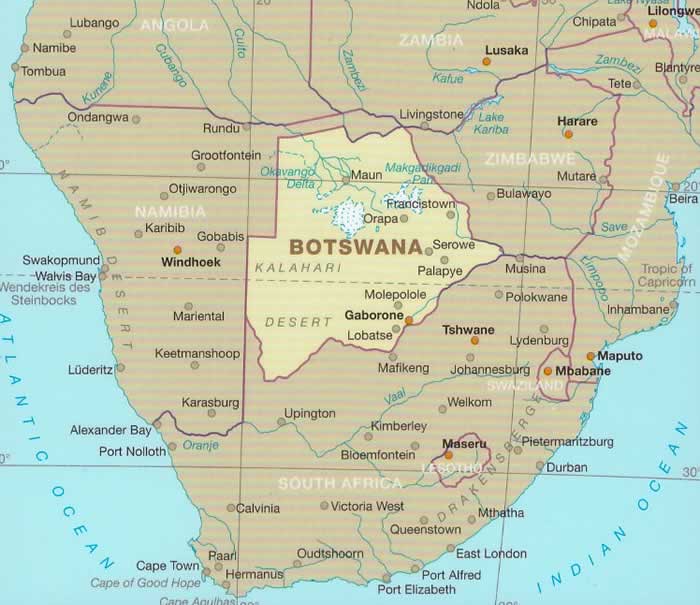 immagine di mappa stradale mappa stradale Botswana - con Gaborone, Francistown, Molepolole, Serowe - mappa stradale, impermeabile e antistrappo - con luoghi panoramici, parchi e riserve naturali - nuova edizione