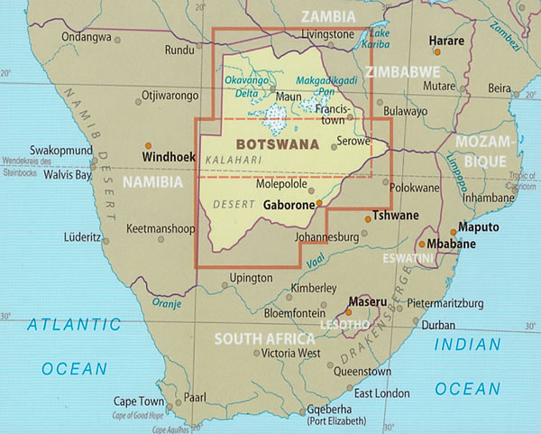 immagine di mappa stradale mappa stradale Botswana - con Gaborone, Francistown, Molepolole, Serowe - mappa stradale, impermeabile e antistrappo - con luoghi panoramici, parchi e riserve naturali - EDIZIONE 2024
