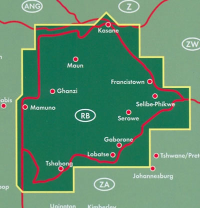 immagine di mappa stradale mappa stradale Botswana - Gaborone, Francistown, Selebi-Phikwe, Maun, Serowe, Kanye, Mahalapye, Lobatse, Tshabong, Kasane, Mamuno, Ghanzi - cartografia con una ricca simbologia stradale facile da consultare + parchi, riserve naturali e luoghi panoramici - nuova edizione