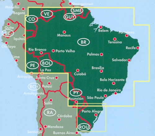 immagine di mappa stradale mappa stradale Brasile / Brazil - mappa stradale - con San Paolo, Rio de Janeiro, Salvador, Brasilia, Fortaleza, Belo Horizonte, Manaus, Curitiba, Recife, Porto Alegre, Belém, Goiânia, Guarulhos, Campinas, São Luís, São Gonçalo, Maceió, Duque de Caxias, Natal, Campo Grande - edizione 2025