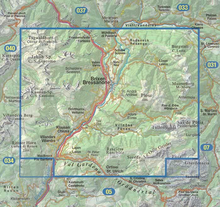 immagine di mappa topografica mappa topografica n.030 - Bressanone / Brixen, Val di Funes - Velturno, Corno di Tramin, Rio di Pusteria, Rodengo, Plose, Luson, Passo Erbe, Chiusa, Laion, Resciesa, Puez, Puez-Geisler, Ortisei - con reticolo UTM compatibile con GPS - impermeabile, antistrappo, plastic-free, eco-friendly - EDIZIONE Luglio 2023