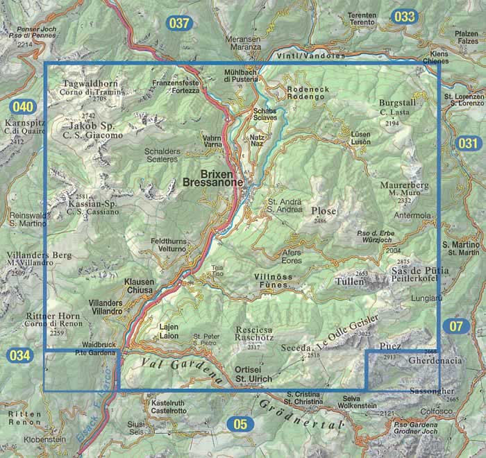 immagine di mappa topografica mappa topografica n.030 - Bressanone / Brixen, Val di Funes - Velturno, Corno di Tramin, Rio di Pusteria, Rodengo, Plose, Luson, Passo Erbe, Chiusa, Laion, Resciesa, Puez, Puez-Geisler, Ortisei - con reticolo UTM compatibile con GPS - impermeabile, antistrappo, plastic-free, eco-friendly - nuova edizione