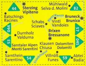 immagine di mappa topografica mappa topografica n.56 - Bressanone/Brixen, Val Pusteria, Terento, Kiens/Chienes, Alpe di Luson, Plose, Parco Naturale Puez-Odle, Gruppo delle Odle, Badia, Funes, Sciaves, Valdurna, Racines, Chiusa, Sterzing/Vipiteno, Monti di Fundres, Vandoies, Bruneck/Brunico, Falzes/Pfalzen, Selva dei Molini, Sarentino, Monti Sarentini, Valle Isarco, Dolomiti - mappa plastificata, compatibile con GPS