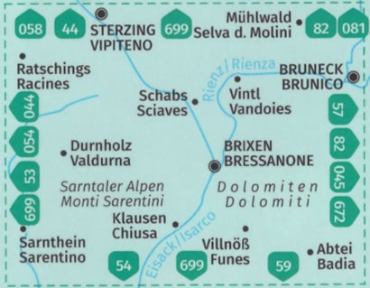 immagine di mappa topografica mappa topografica n.56 - Bressanone/Brixen, Val Pusteria, Terento, Kiens/Chienes, Alpe di Luson, Plose, Parco Naturale Puez-Odle, Gruppo delle Odle, Badia, Funes, Sciaves, Valdurna, Racines, Chiusa, Sterzing/Vipiteno, Monti di Fundres, Vandoies, Bruneck/Brunico, Falzes/Pfalzen, Selva dei Molini, Sarentino, Monti Sarentini, Valle Isarco, Dolomiti - mappa plastificata, compatibile con GPS - edizione 2024