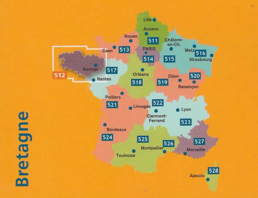 immagine di mappa stradale mappa stradale n. 512 - Bretagna / Bretagne / Brittany - con Rennes, St-Brieuc, Vannes, Dinan, St-Malo, Fougeres, Lorient, Quimper, Brest, Morlaix, Lannion - mappa stradale con stazioni di servizio e autovelox - nuova edizione