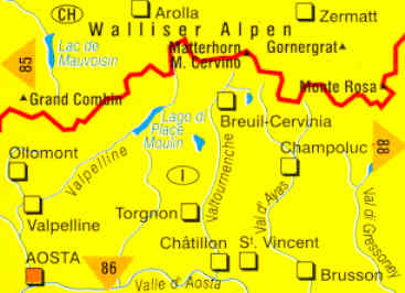 immagine di mappa topografica mappa topografica n.87 - Breuil-Cervinia, Zermatt, Aosta, St. Vincent, Torgnon, Valpelline, Champoluc, Ollomont, Lago di Place Moulin, Monte Rosa, Monte Cervino, Grand Combin, Arolla - nuova edizione