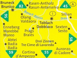 immagine di mappa topografica mappa topografica n.57 - Bruneck/Brunico, Toblach/Dobbiaco, Enneberg/Marebbe, San Candido, Cortina d' Ampezzo, S. Martino, Badia, Alta Pusteria, Sesto/Sexten, Sillian - compatibile con sistemi GPS - nuova edizione