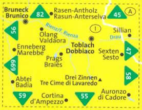 immagine di mappa topografica mappa topografica n.57 - Bruneck/Brunico, Toblach/Dobbiaco, Enneberg/Marebbe, Sillian, Sesto/Sexten, Prags/Braies, Abtei/Badia, Cortina d' Ampezzo, Tre Cime di Lavaredo, Auronzo di Cadore - mappa plastificata, compatibile con sistemi GPS