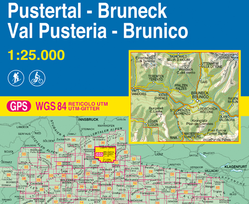 immagine di mappa topografica mappa topografica n.033 - Brunico / Bruneck, Val Pusteria / Pustertal - con reticolo UTM compatibile con sistemi GPS - nuova edizione