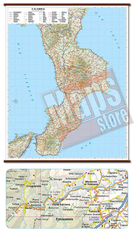 immagine di mappa murale mappa murale Calabria - mappa murale con cartografia dettagliata ed aggiornata - plastificata, con eleganti aste in legno - 86 x 108 cm - edizione 2021