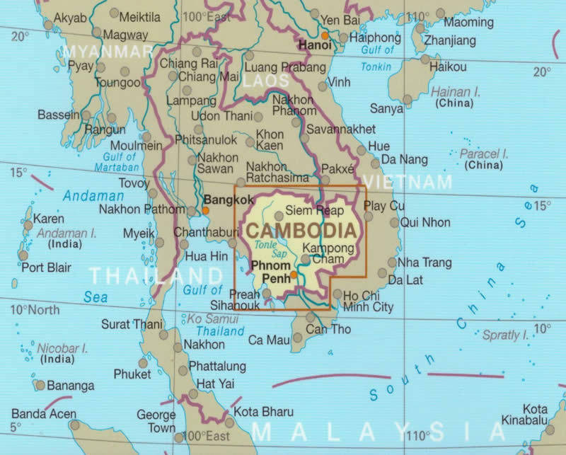 immagine di mappa stradale mappa stradale Cambogia / Cambodia - con Phnom Penh, Siem Reap, Ta Khmau, Battambang, Angkor, Can Tho, Phu Quoc - mappa impermeabile e antistrappo - nuova edizione