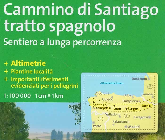 immagine di mappa topografica mappa topografica Cammino di Santiago, tratto spagnolo - con Jaca, Burgos, Leon, Santiago de Compostela - mappa escursionistica, plastificata, Kompass n.133 - con percorsi, altimetrie, riferimenti importanti per pellegrini e mappe delle località