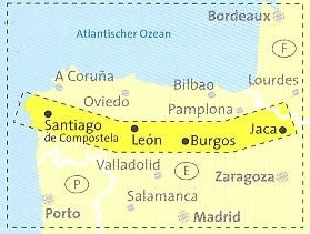 immagine di mappa topografica mappa topografica Cammino di Santiago, tratto spagnolo - con Jaca, Burgos, Leon, Santiago de Compostela - mappa escursionistica, plastificata, Kompass n.133 - con percorsi, altimetrie, riferimenti importanti per pellegrini e mappe delle località