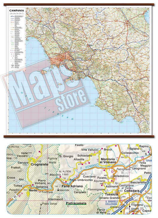 immagine di mappa murale mappa murale Campania - mappa murale con cartografia dettagliata ed aggiornata - plastificata, con eleganti aste in legno - 96 x 86 cm - nuova edizione
