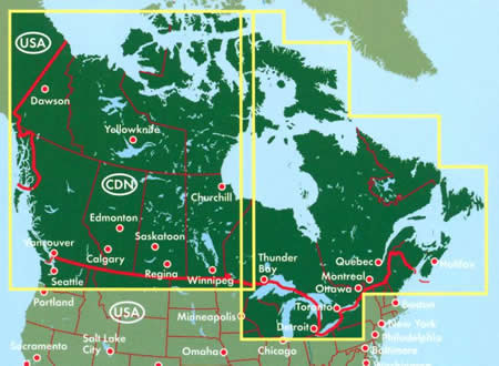 immagine di mappa stradale mappa stradale Canada - con Dawson, Yellowknife, Churchill, Edmonton, Vancouver, Calgary, Regina, Winnipeg, Thunder Bay, Toronto, Ottawa, Montreal, Quebec, Halifax - edizione 2013