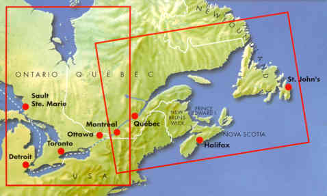 immagine di mappa stradale mappa stradale Canada Est / East - con Ontario, Quebec, New Brunswick, Prince Edward Island, Nova Scotia, Newfoundland