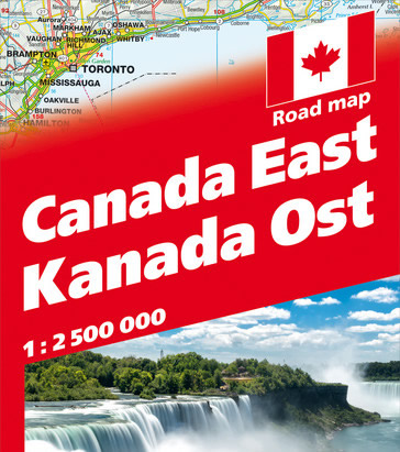 immagine di mappa stradale mappa stradale Canada Est - con Montreal, Quebec, Toronto, Ontario, Manitoba - cartografia con una ricca simbologia stradale facile da consultare - con parchi, riserve naturali, luoghi panoramici, distanze stradali - EDIZIONE 2025