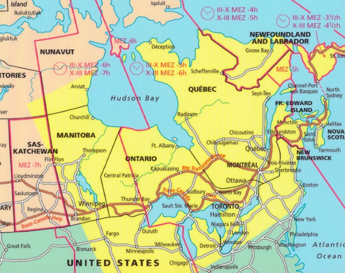 immagine di mappa stradale mappa stradale Canada Est - con Montreal, Quebec, Toronto, Ontario, Manitoba - cartografia con una ricca simbologia stradale facile da consultare - con parchi, riserve naturali, luoghi panoramici, distanze stradali - EDIZIONE 2025