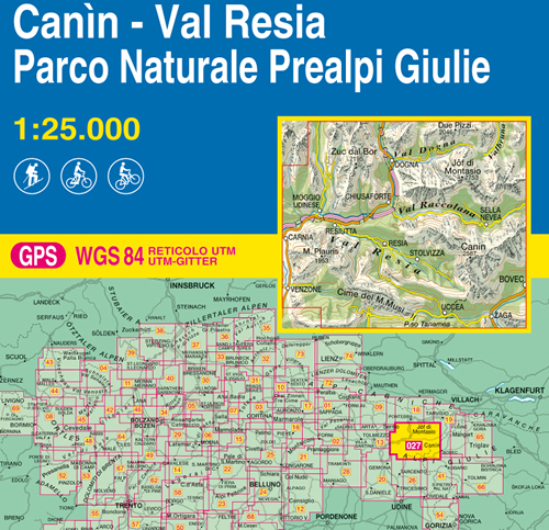 immagine di mappa topografica mappa topografica n.027 - Canin, Val Resia, Parco Naturale Prealpi Giulie - Val Dogna, Val Raccolana, Valbruna, Cime del M. Musi, Bovec, Zaga, Uccea, Passo Tanamea, Venzone, Carnia, Resiutta, Moggio Udinese, Chiusaforte, Zuc dal Bor, Jof di Montasio, Sella, Due Pizzi, M. Plauris - con reticolo UTM compatibile con sistemi GPS - nuova edizione