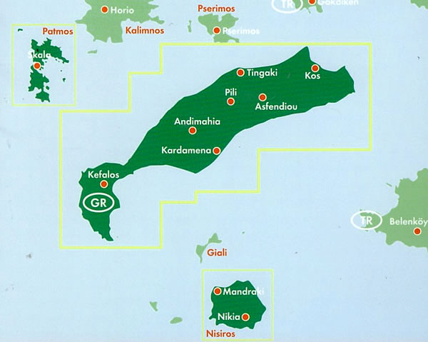 immagine di mappa topografica mappa topografica Kos - con Cardamena/Kardamena, Cefalo/Kefalos, Tigaki, Antimachia, Mastichari, Marmari, Pilì/Pyli, Zia, Zipari, Platani, Lagoudi, Asfendiù/Asfentiou, Leros, Kalimnos, Nisiros, Astipalea (Dodecaneso, isole della Grecia) - mappa escursionistica, con spiagge, percorsi per il trekking, luoghi panoramici e parchi naturali - edizione 2025
