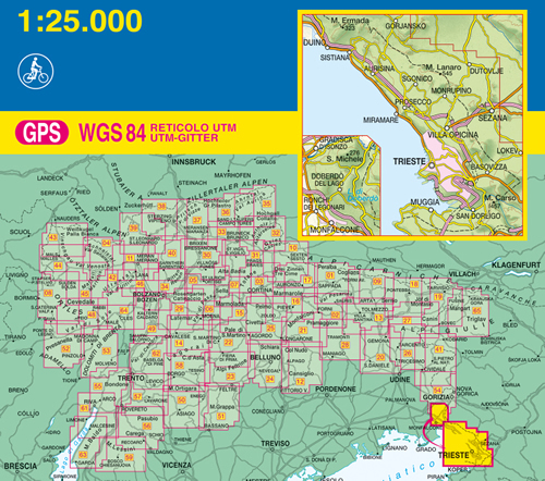 immagine di mappa topografica mappa topografica n.047 - Carso Triestino e Isontino (con Gradisca, Doberdò, Monfalcone, Duino-Aurisina, Sgonico, Monrupino, Muggia) - con reticolo UTM compatibile con GPS