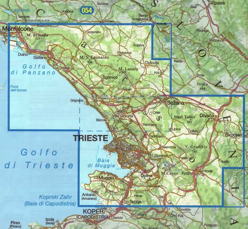 immagine di mappa topografica mappa topografica n.047 - Carso Triestino e Isontino, Kras, Trieste (con Gradisca, Doberdò, Monfalcone, Duino-Aurisina, Sgonico, Monrupino, Muggia) - con reticolo UTM compatibile con GPS - impermeabile, antistrappo, plastic-free, eco-friendly - nuova edizione